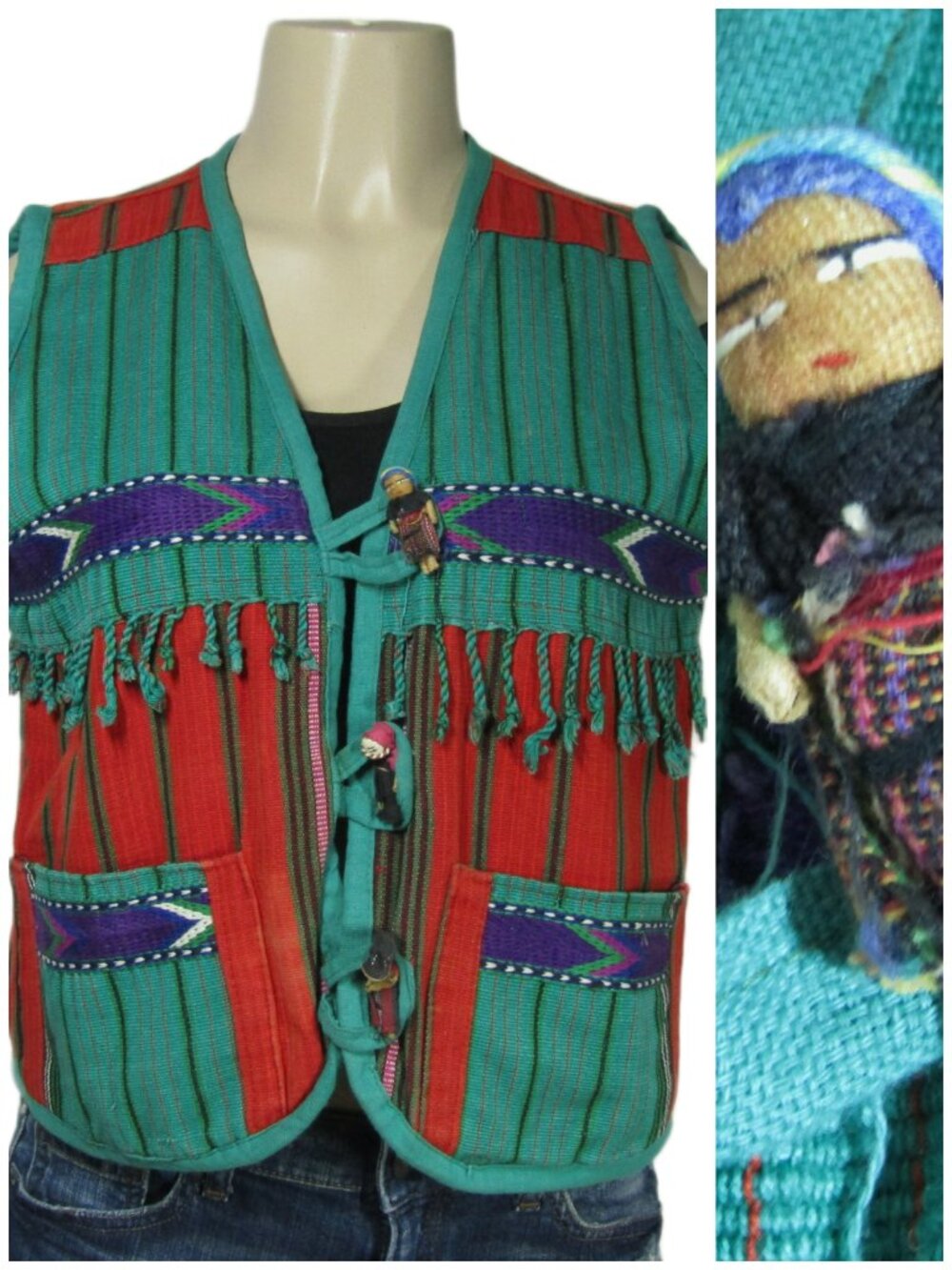 GUATEMALAN Hand Woven Art to Wear Doll Buttons Folk Festival Hippie Vest M